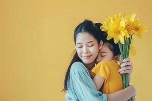 ai generado concepto de madres día .madre con su pequeño niño, flor en el antecedentes. .generativo ai foto