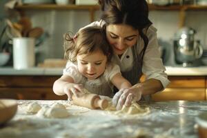 AI generated mother and daughter assisting with cookie cooking at home, Generative AI. photo