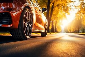 AI generated close up tire car in sunset on road, Group of new tires for sale in a tire shop. Generative Ai photo