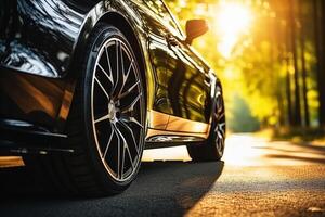 AI generated close up tire car in sunset on road, Group of new tires for sale in a tire shop. Generative Ai photo