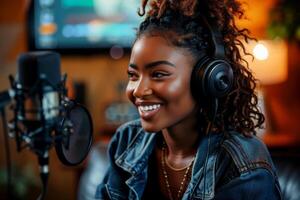 AI generated a woman doing a podcast interview. generative ai photo
