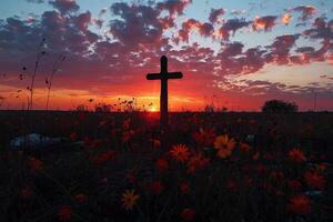 AI generated Wooden cross on top of a mountain at sunset, Generative AI photo