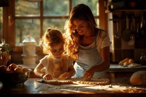 AI generated mother and daughter assisting with cookie cooking at home, Generative AI. photo