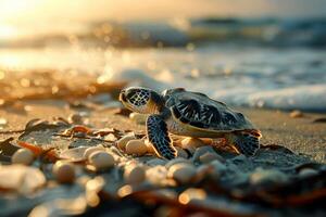 ai generado pequeño Tortuga en un playa en Mañana . ai generativo. foto