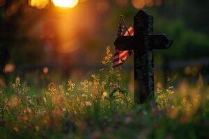 ai generado de madera cruzar en parte superior de un montaña a atardecer, ,memoria día concepto. generativo ai foto