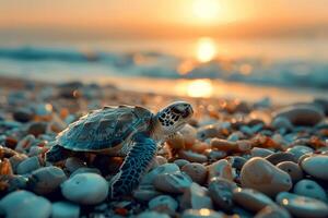 ai generado pequeño Tortuga en un playa en Mañana . ai generativo. foto