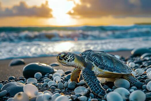 ai generado pequeño Tortuga en un playa en Mañana . ai generativo. foto