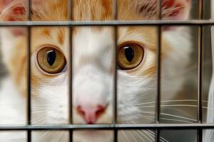 AI generated close up Sad cat caught in cage. Generative AI photo