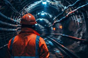 AI generated mine worker wearing helmets. at a mine site .Generative AI. photo