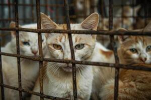 AI generated close up Sad cats caught in cage. Generative AI photo