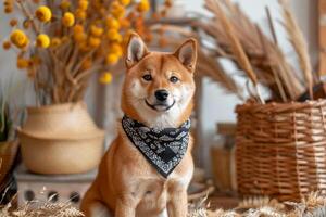 ai generado shiba inu perro sentado con un pañuelo para burlarse de arriba . generativo ai foto