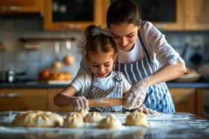 AI generated mother and daughter assisting with cookie cooking at home, Generative AI. photo