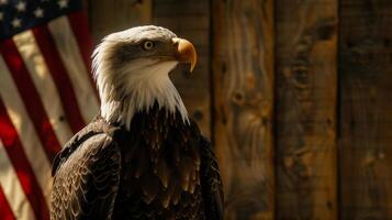 ai generado un orgulloso americano águila se sienta en americano Estados Unidos bandera . ai generado foto