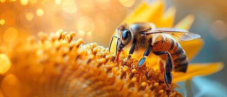 ai generado de cerca de un abeja en un girasol representando naturaleza foto