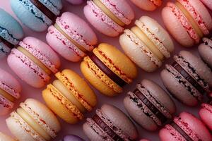 ai generado de cerca de vistoso macarons arreglado en un modelo foto