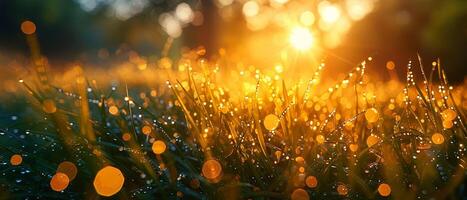 AI Generated Close-up of dewy grass sparkling in the morning sun photo