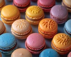 AI Generated Close-up of colorful macarons arranged in a pattern photo