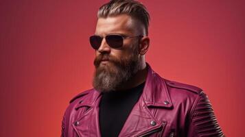 ai generado de moda brutal hombre con un barba en Gafas de sol y un rosado cuero chaqueta en rojo antecedentes. elegancia y masculinidad concepto foto