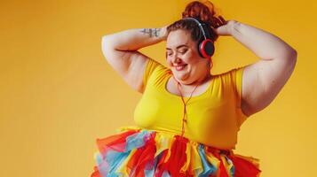 ai generado contento grasa mujer escucha a música en auriculares y bailando en vistoso arco iris ropa cuerpo positividad yo amor diversidad concepto foto