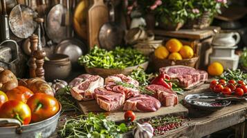 ai generado vestido Cerdo cortes con granja Fresco vegetales y frutas en rústico de madera mesa con Clásico utensilios de cocina foto