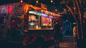 AI generated Taco street food truck. Van with urban vibe, graffiti, string lights dark evening photo