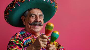 ai generado contento medio Envejecido mexicano hombre con Bigote en tradicional disfraz vistiendo sombrero y participación maracas foto