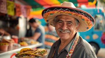 ai generado medio Envejecido hombre en sombrero participación plato con tacos y sonriente en el calle foto