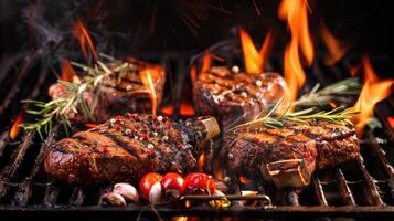 AI generated Dressed beef and pork cuts on barbecue grill with spices and vegetables, flames, smoke photo