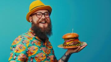 ai generado contento joven hombre con barba participación en mano plato con hamburguesa vibrante colores foto