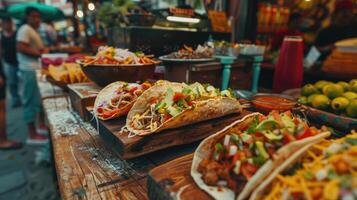 ai generado cerca arriba Disparo de tradicional mexicano calle alimento. delicioso tacos en de madera mesa con animado mercado atmósfera en antecedentes foto