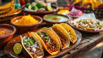 AI generated Close up shot of traditional Mexican dishes tacos tamales sauces and vegetables on rustic wooden table photo