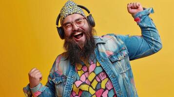 AI generated Happy eccentric young man with beard listens to music on headphones delight music lover photo