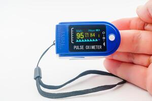 Medical pulse oximeter with an LCD. Heart and pulse rate, crucial in patient health monitoring, emergencies. SpO2, Assessment of blood oxygen saturation. Medical monitoring device pandemic COVID-19. photo