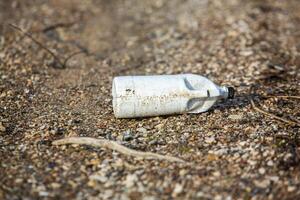 Plastic bottle on the shore of the lake. Environmental pollution. Plastic waste on the beach. photo