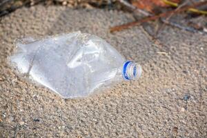 Plastic bottle on the shore of the lake. Environmental pollution. Plastic waste on the beach. photo