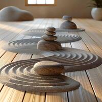 AI Generated Tranquil Zen garden with raked sand and stones photo