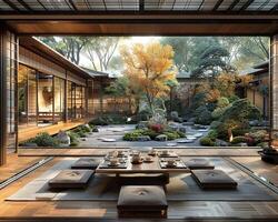 AI Generated Traditional tea house with wooden architecture and peaceful garden views photo