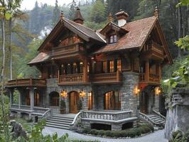 AI Generated Traditional Swiss Chalet Nestled in Alps with Detailed Wood Carvings photo