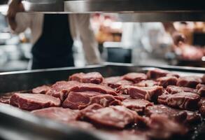 ai generado cerca arriba Fresco crudo carne a un Carnicero tienda foto