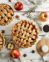 AI generated Top view of an Apple Pies on white wooden background photo