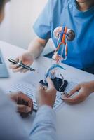 Doctor uses anatomical model to explain male urinary system. Model labeled with parts, doctor points and explains how they work together for urinary function, ensuring patient comprehension. photo