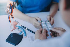 Doctor uses anatomical model to explain male urinary system. Model labeled with parts, doctor points and explains how they work together for urinary function, ensuring patient comprehension. photo