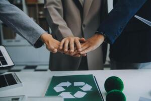 Carbon offset price report CO2 emission. Future growth Net zero waste in ESG ethical SME office protect climate change global warming social issues project. Group of asia people Eco friendly SDGs plan photo