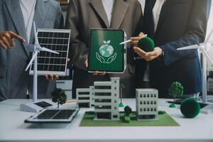 Carbon offset price report CO2 emission. Future growth Net zero waste in ESG ethical SME office protect climate change global warming social issues project. Group of asia people Eco friendly SDGs plan photo
