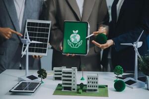 Carbon offset price report CO2 emission. Future growth Net zero waste in ESG ethical SME office protect climate change global warming social issues project. Group of asia people Eco friendly SDGs plan photo