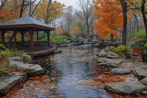 AI Generated A serene pond surrounded by autumn foliage photo