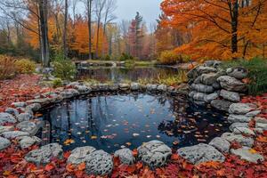 AI Generated A serene pond surrounded by autumn foliage photo