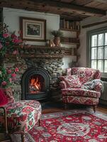 ai generado tradicional Inglés cabaña vivo habitación con floral patrones y acogedor hogar foto