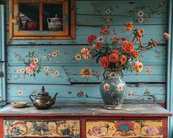 AI Generated Traditional Russian dacha with folk art and a samovar photo