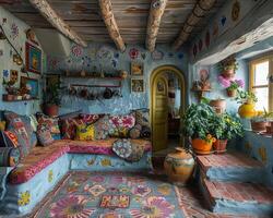 AI Generated Traditional Russian dacha with folk art and a samovar photo